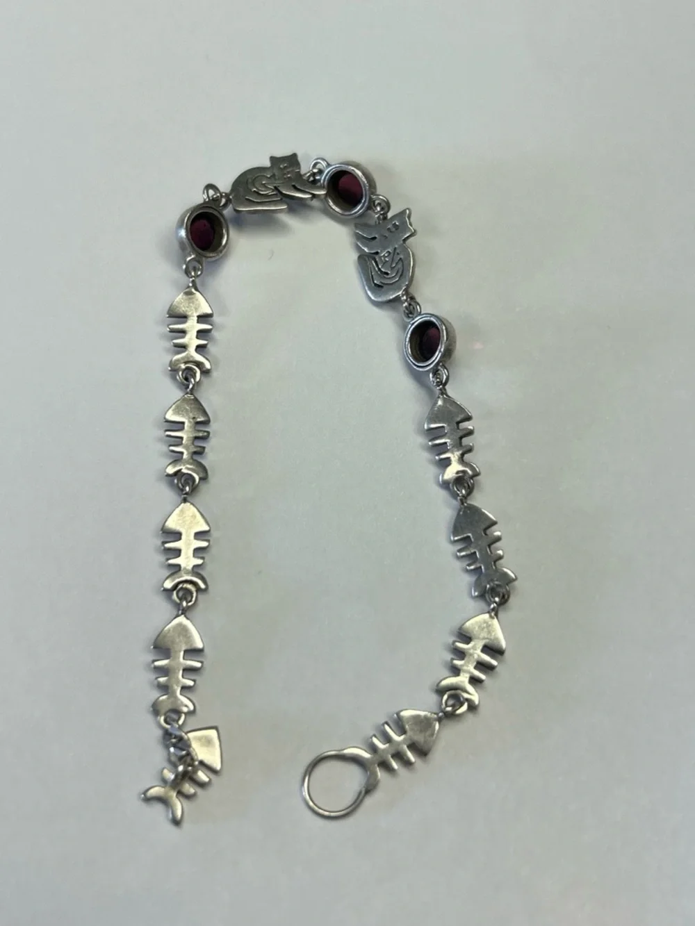 Vintage Fish bones cat garnet gemstone link bracelet sterling silver 925 - Picture 7 of 16